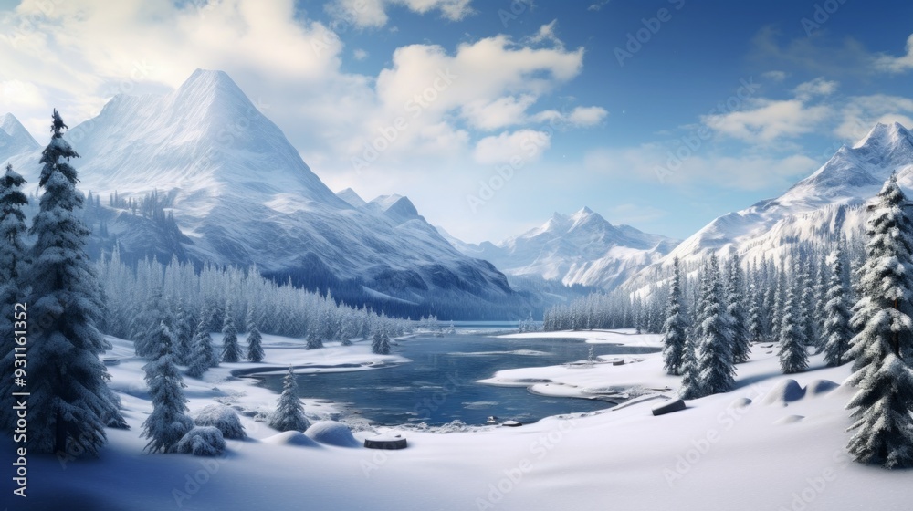 Winter panoramic landscape with scenic frozen mountain lake and blue sky. Neural network ai generated art Winter panoramic landscape with scenic frozen mountain lake and blue sky. Neural network ai generated art