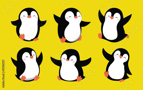 Set of minimalist cute penguins, adorable penguins in happy mood isolated on yellow background