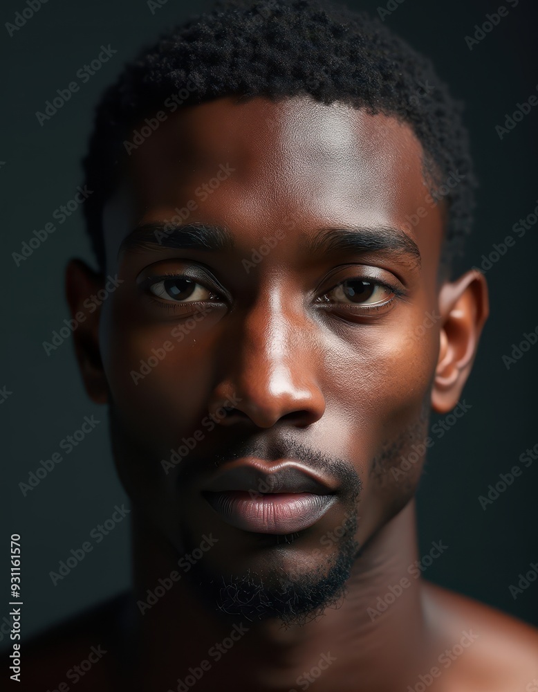 Close-up portrait of an African American man with a serious expression against a dark background. Close-up portrait of an African American man with a serious expression against a dark background.