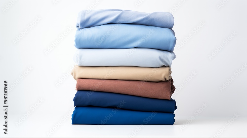 Stack of perfectly folded clothing items. Pile of different cold color shirts, sweaters and pants on the table. Neural network ai generated art