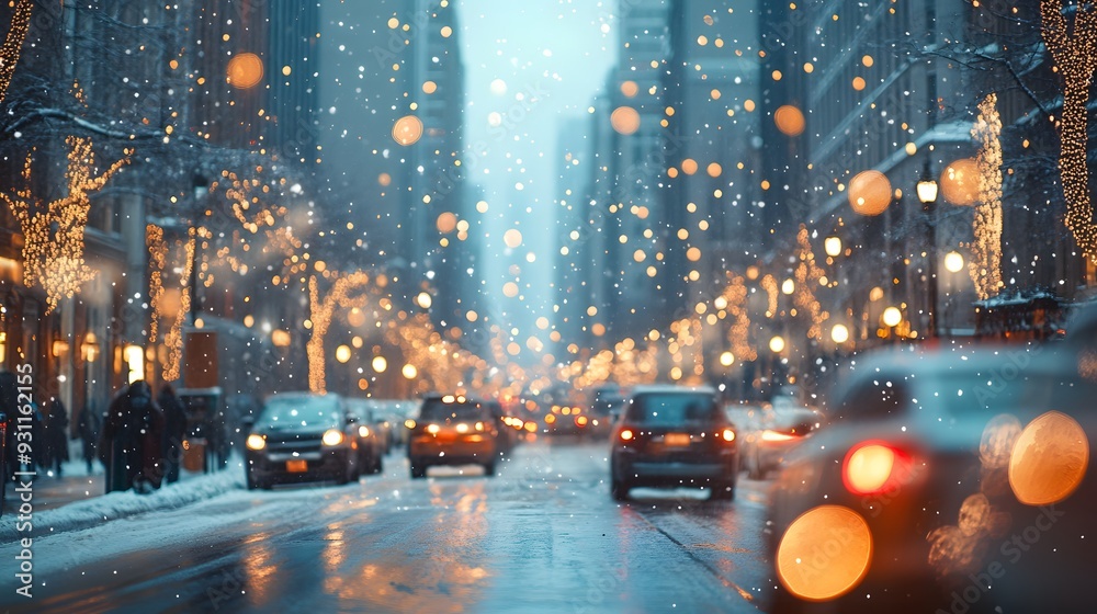 Obraz premium Snowy City Street at Night.