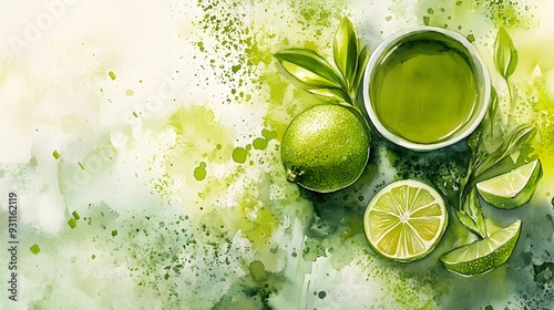 Vibrant Watercolor Painting of Soothing Green Tea Blend with Earthy Matcha and Zesty Lime Accents photo