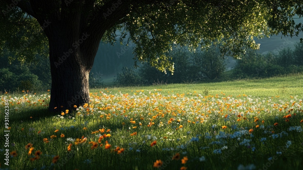 A Tranquil Meadow with a Large Tree A Tranquil Meadow with a Large Tree