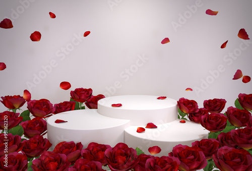 Podium for product display with red roses and petals falling on white background