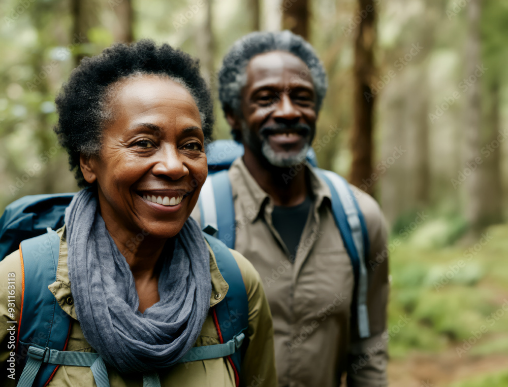 Portrait, senior or black people hiking in nature in outdoor adventure or journey in woods for travel Portrait, senior or black people hiking in nature in outdoor adventure or journey in woods for travel