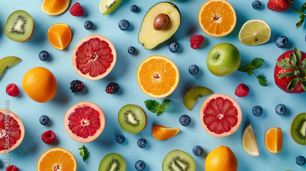 Mixed fruits overhead view isolated on a blue background Mixed fruits overhead view isolated on a blue background