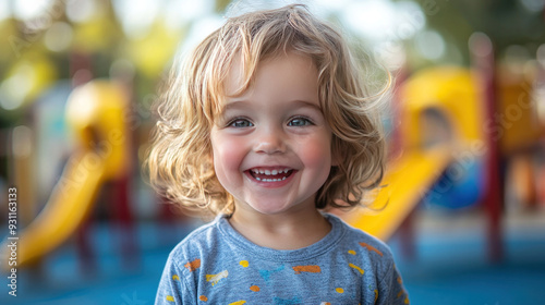 A candid shot of a child laughing, with the playground blurred in the background for an emotional impact.