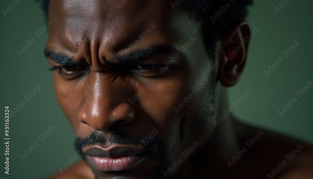 Close-up of a worried African American man against a green background. Close-up of a worried African American man against a green background.