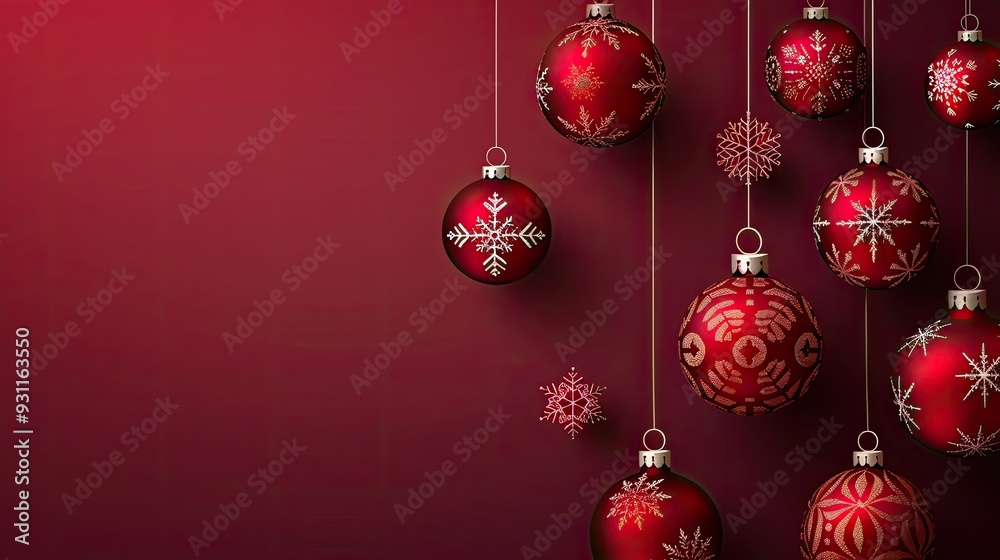 Red Christmas Ornaments with Snowflakes on a Red Background Red Christmas Ornaments with Snowflakes on a Red Background