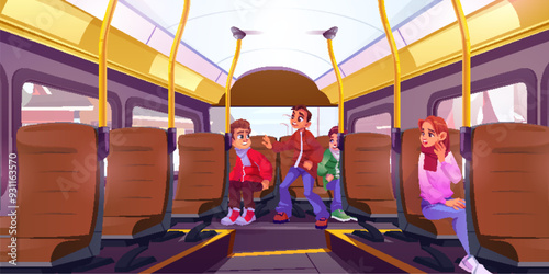 Bullying scene in school bus. Vector cartoon illustration of conflict between teen boys in public transport, scared girl looking at angry kids fighting, children having problems with communication