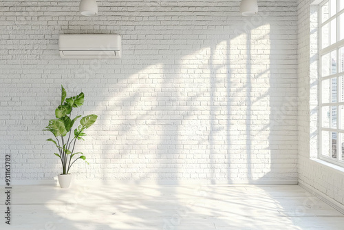 Minimalistic white room with a potted plant and an air conditioner on the wall, bathed in natural light. This image represents simplicity, modern living, and the importance of clean, fresh air in inte photo