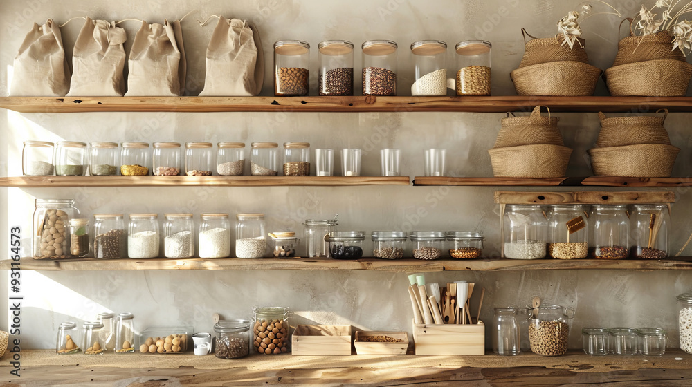 arranged wooden shelf featuring eco-conscious products like reusable bags and glass jars. Set against a clean, neutral background, this image emphasizes mindful shopping choices arranged wooden shelf featuring eco-conscious products like reusable bags and glass jars. Set against a clean, neutral background, this image emphasizes mindful shopping choices
