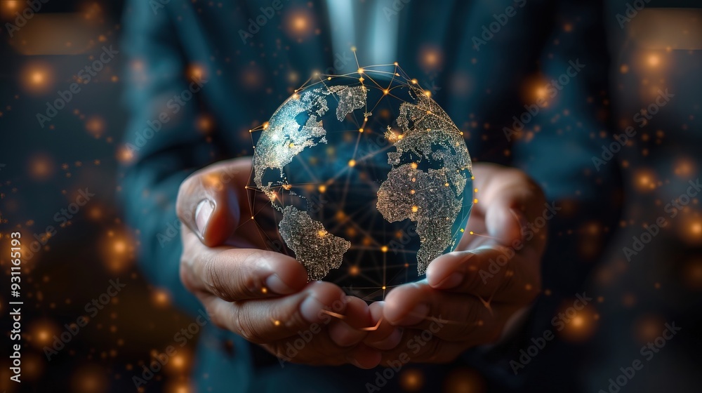 Businessman hold global business globe with network connected to digital marketing strategy and creative solution Businessman hold global business globe with network connected to digital marketing strategy and creative solution