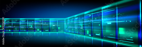 Data center room tunnel with neon blue and green light glow. Realistic 3d vector illustration of abstract computer server cluster for digital information and database warehouse. Cyberspace banner.