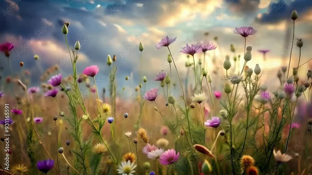 A field of wildflowers swaying gently in the summer breeze A field of wildflowers swaying gently in the summer breeze
