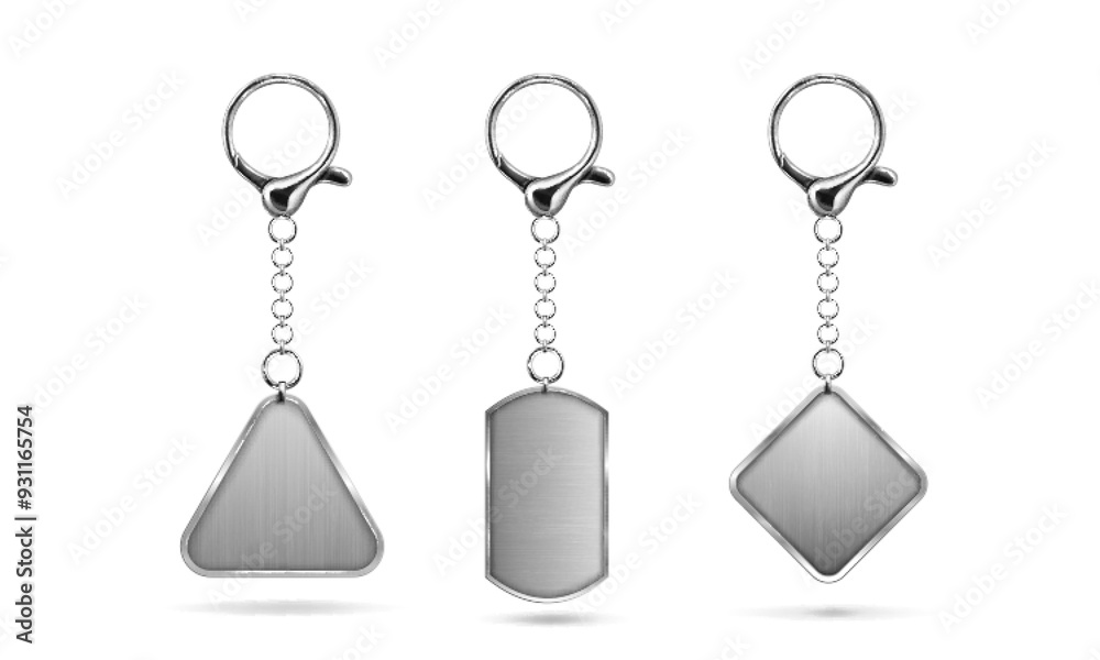 Silver keychain with ring mockup for branding. Realistic vector illustration set of blank grey metal key holder template. Chrome trinket souvenir badge of triangle, rectangle and rhombus shape. Silver keychain with ring mockup for branding. Realistic vector illustration set of blank grey metal key holder template. Chrome trinket souvenir badge of triangle, rectangle and rhombus shape.