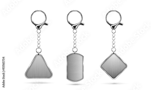 Silver keychain with ring mockup for branding. Realistic vector illustration set of blank grey metal key holder template. Chrome trinket souvenir badge of triangle, rectangle and rhombus shape.