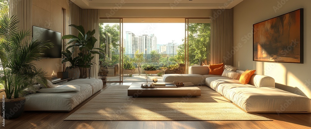 Fototapeta premium Fully Furnished Living Room, Elegant And Contemporary, 3D Render
