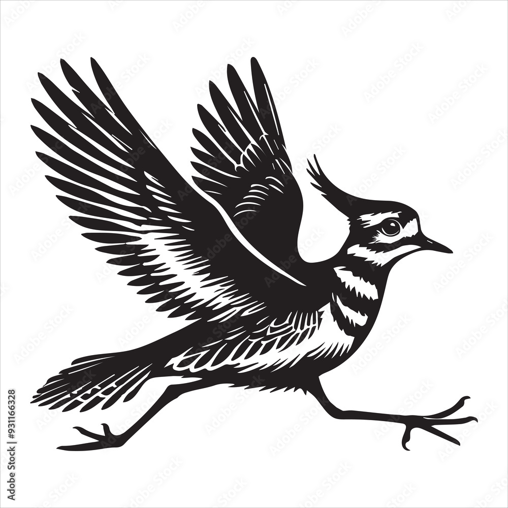Obraz premium Killdeer Bird Silhouette, Charadrius Vociferus Clipart, Killdeer wings fully spread illustration in black and white