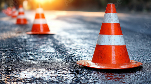 Sunlit road with bright orange traffic cones lined up on smooth asphalt, symbolizing caution and safety. The empty street under a clear sky suggests peace, solitude, and the orderly flow of traffic