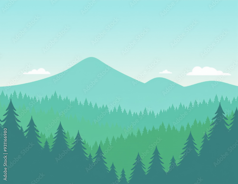 Fototapeta premium Simple Mountain Landscape with Pine Trees in Green Shades