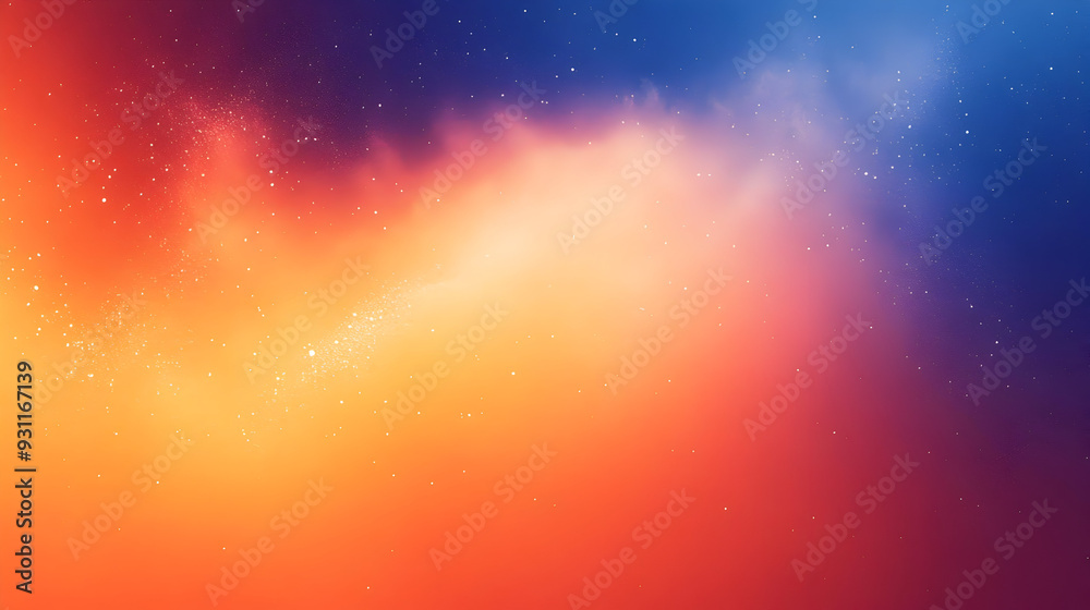 A vibrant abstract gradient of orange and blue hues with stars.