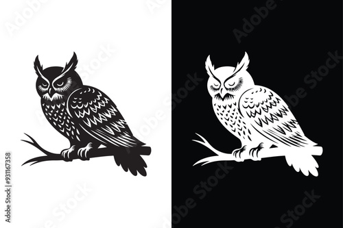 owl silhouette vector style with black and white background.