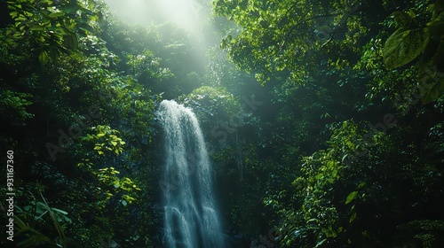 Waterfall in Grenn Forest. A serene waterfall cascading down in a lush green forest.