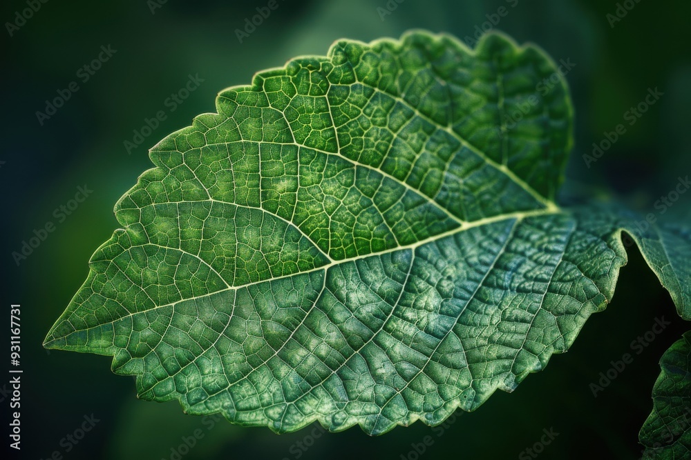 Macro shot of vibrant green leaf with detailed veins Macro shot of vibrant green leaf with detailed veins