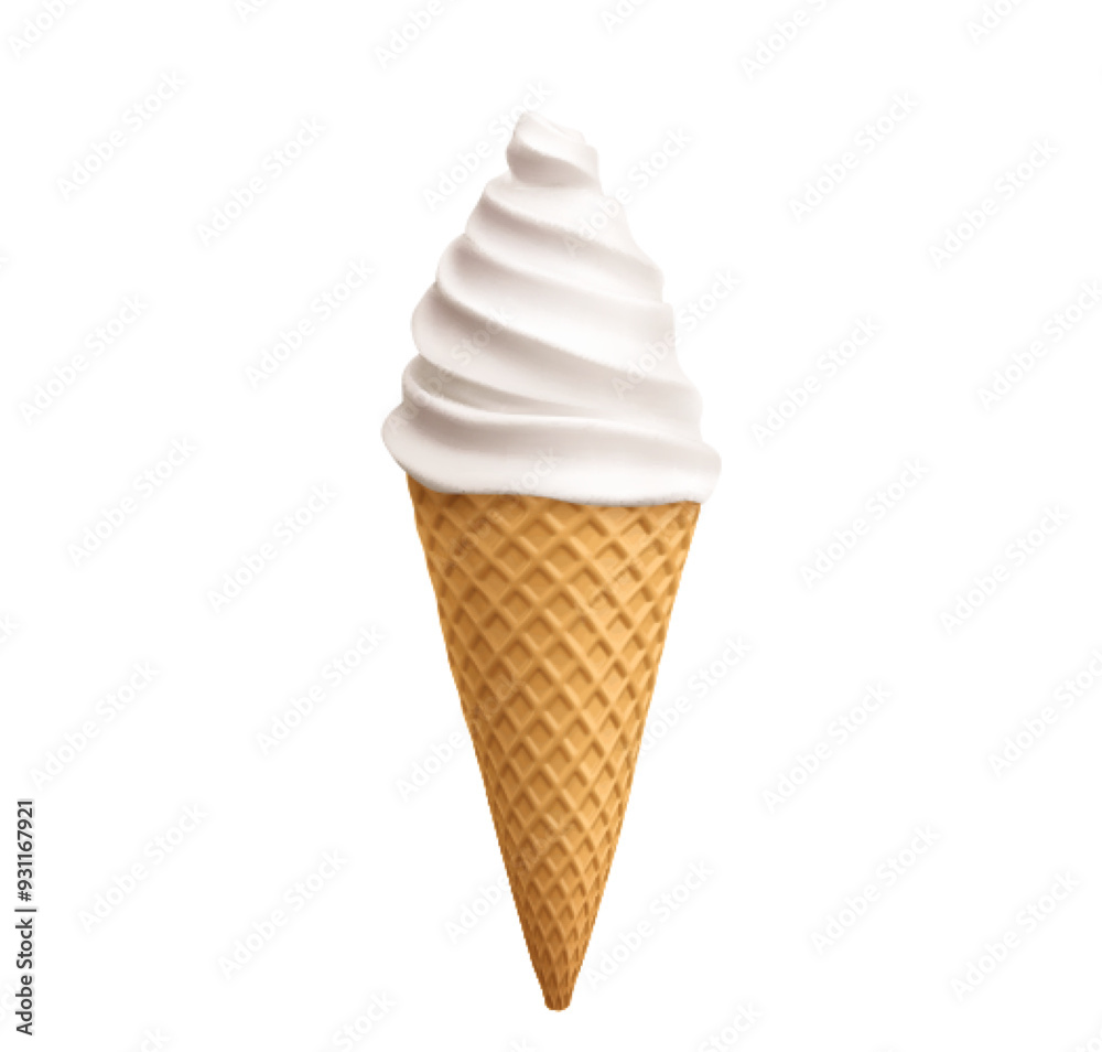 White vanilla soft ice cream swirl in waffle cone. Realistic 3d vector illustration of cold sweet summer milk dessert in poke cup with wafer texture. Frozen liquid twisted sugar creamy sundae snack. White vanilla soft ice cream swirl in waffle cone. Realistic 3d vector illustration of cold sweet summer milk dessert in poke cup with wafer texture. Frozen liquid twisted sugar creamy sundae snack.