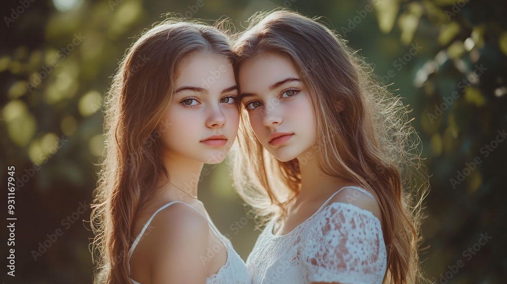 Beautiful Twin Sisters Portrait in Park Outdoors Beautiful Twin Sisters Portrait in Park Outdoors