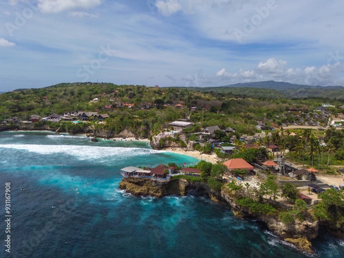 Aerial view of blue lagoon in Secret point beach, Nusa Ceningan, Bali, Indonesia