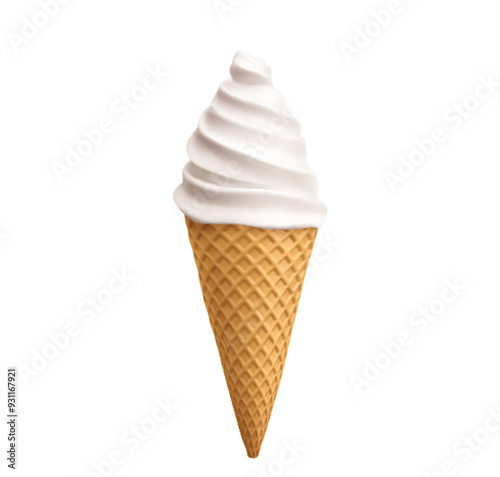 White vanilla soft ice cream swirl in waffle cone. Realistic 3d vector illustration of cold sweet summer milk dessert in poke cup with wafer texture. Frozen liquid twisted sugar creamy sundae snack.