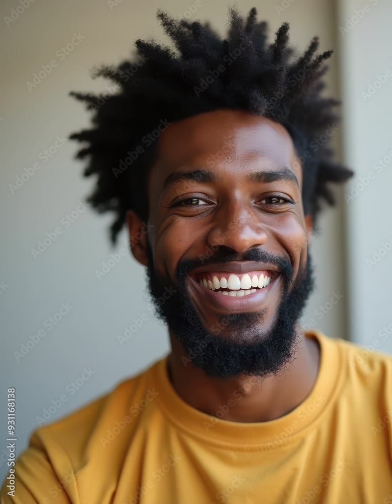 Smiling African American man with curly hair in a yellow shirt, exuding joy and positivity.