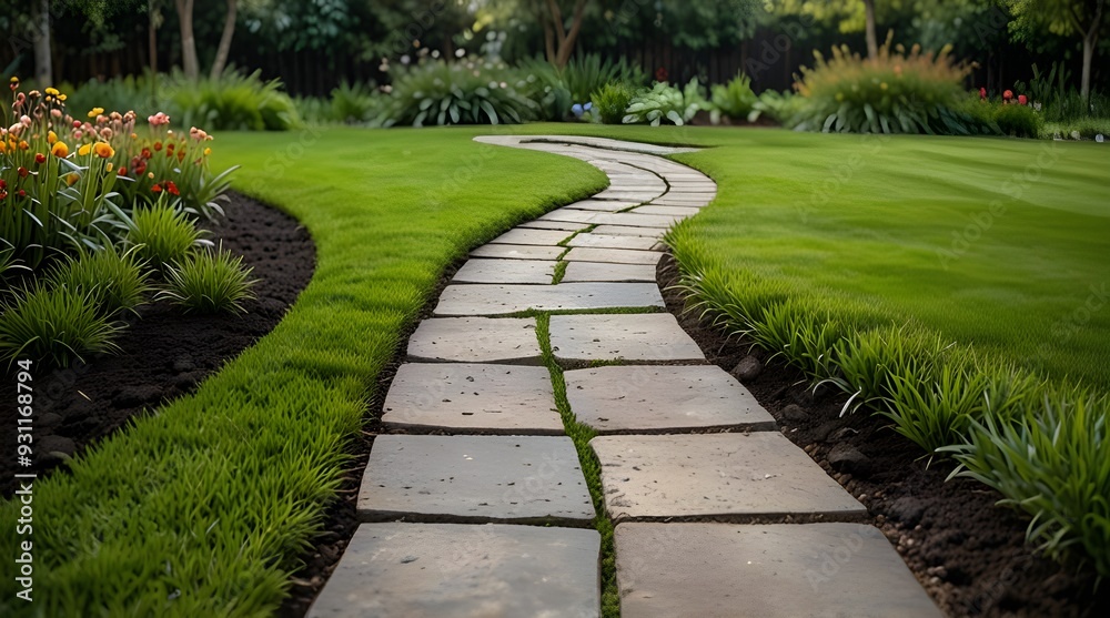 Landscaping of the garden. path curving through Lawn with green grass and walkway tiles.generative.ai Landscaping of the garden. path curving through Lawn with green grass and walkway tiles.generative.ai