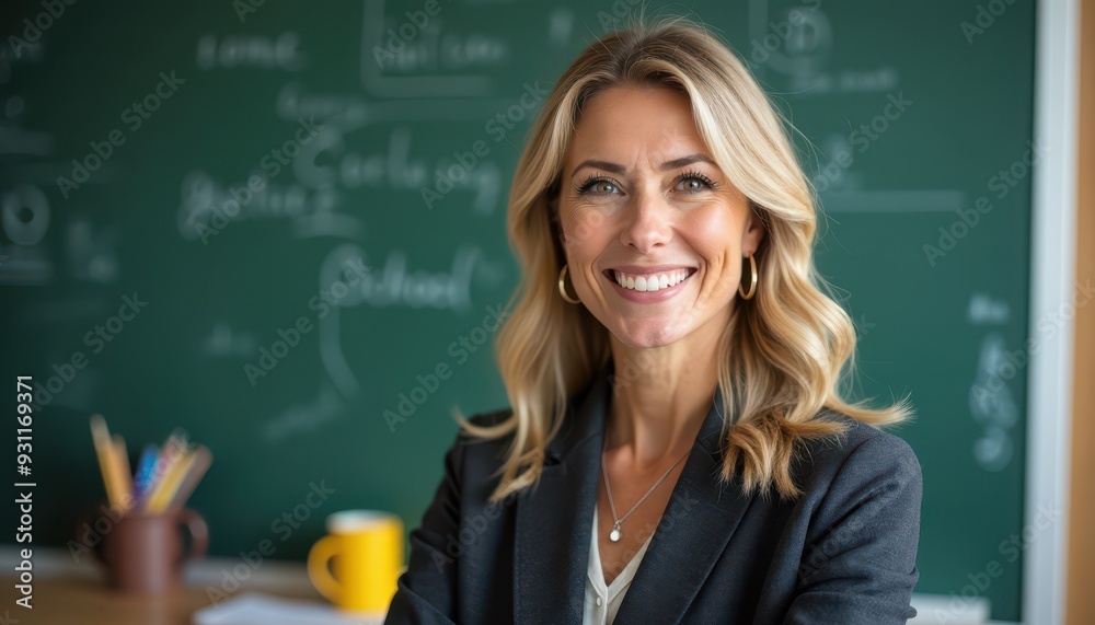 Smiling blonde female teacher standing confidently in front of a chalkboard. Smiling blonde female teacher standing confidently in front of a chalkboard.