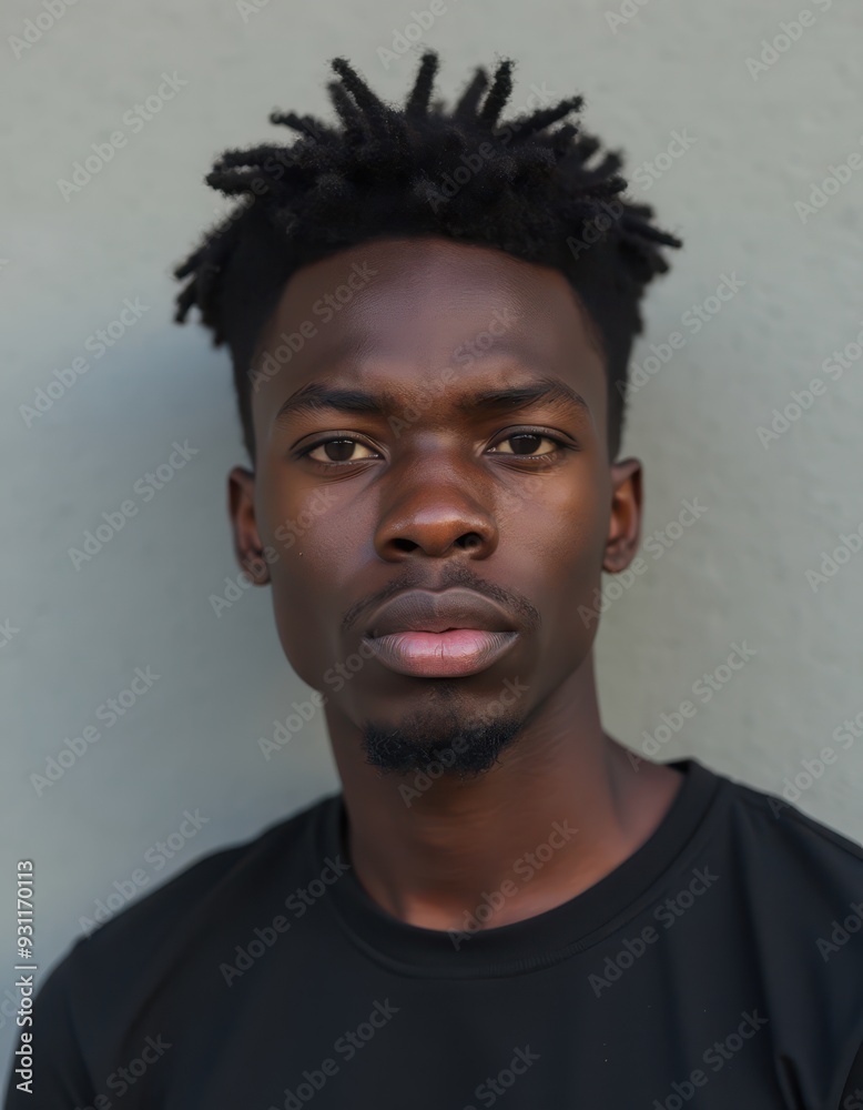 Young African male with a serious expression, wearing a black shirt against a light grey background. Young African male with a serious expression, wearing a black shirt against a light grey background.