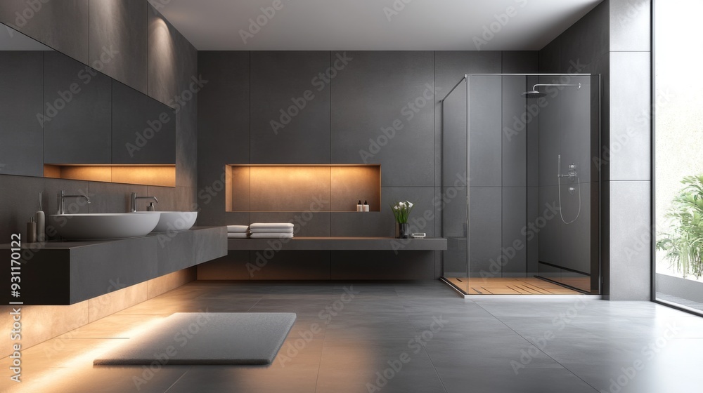 Modern Gray Bathroom Interior with Abundant Natural Light and Elegant Design Aesthetics Modern Gray Bathroom Interior with Abundant Natural Light and Elegant Design Aesthetics