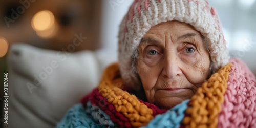 An old pensioner is wrapped up to keep warm at home, sitting in an armchair, as they can't afford to turn the heating on photo