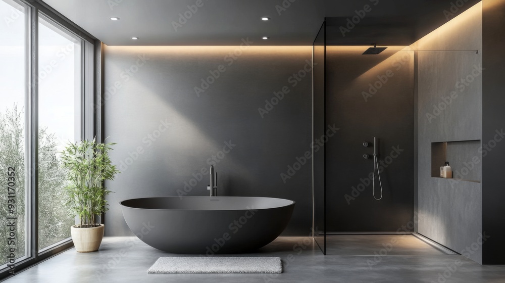 Modern Gray Bathroom Interior with Abundant Natural Light and Elegant Design Aesthetics Modern Gray Bathroom Interior with Abundant Natural Light and Elegant Design Aesthetics