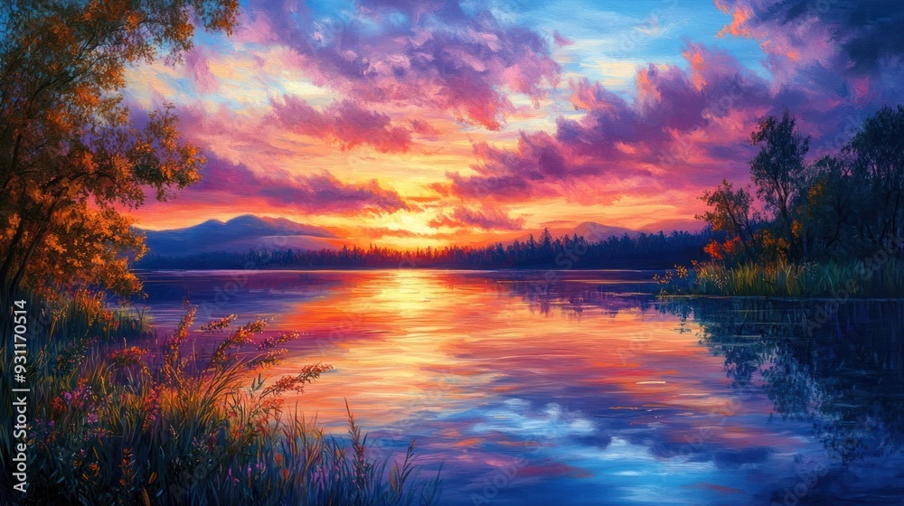 Sunset over a Calm Lake with Silhouetted Trees Sunset over a Calm Lake with Silhouetted Trees