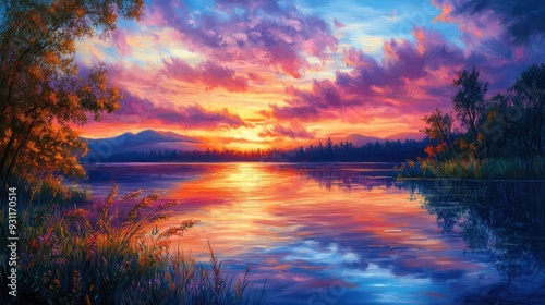 Sunset over a Calm Lake with Silhouetted Trees