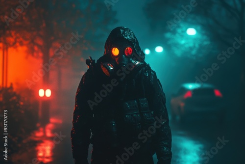 Post-Apocalyptic World: Man in Biohazard Suit and Gas Mask photo