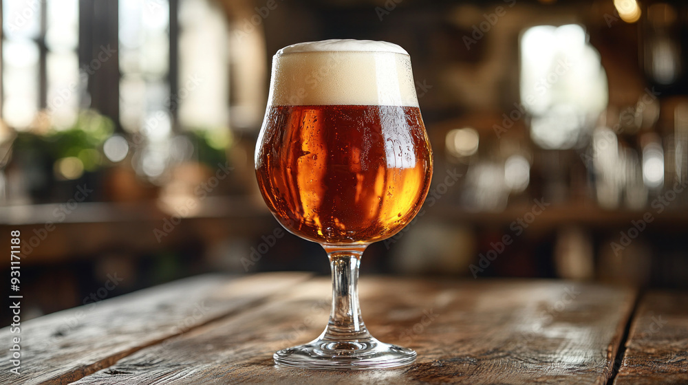 A glass of craft beer with a frothy head, set against a rustic wooden table. A glass of craft beer with a frothy head, set against a rustic wooden table.