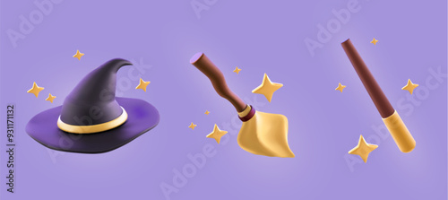 Magic wizard game icons - realistic 3d vector illustration set of magician tools and elements. Dark peaked witch hat, broomstick and mystery wand with stars and sparkles for Halloween design.