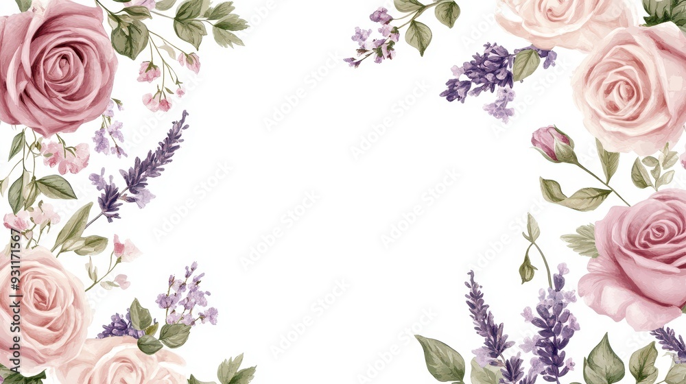 A floral border design featuring pink roses and lavender, ideal for invitations or decor. A floral border design featuring pink roses and lavender, ideal for invitations or decor.
