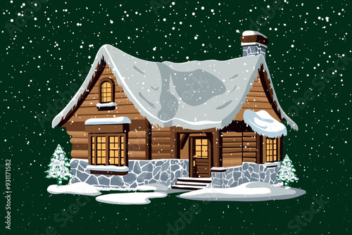 Cozy Snow-Covered Cabin in a Winter Wonderland, Christmas Wooden House Vector Illustration