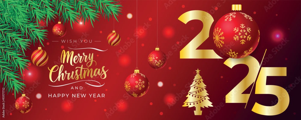 2025 Merry Christmas and Happy New Year Greeting Card with Gold Ornaments, Decorations, Xmas Ball, light, pine. Sparkle Red Background Banner Template 2025 Merry Christmas and Happy New Year Greeting Card with Gold Ornaments, Decorations, Xmas Ball, light, pine. Sparkle Red Background Banner Template
