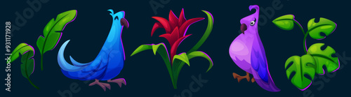 Exotic birds and plants set isolated on black background. Vector cartoon illustration of cute blue and purple parrots, green tropical branches with leaves and red flower, rainforest design elements