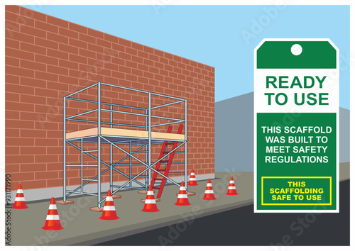 Vector illustration of completed and proper scaffolding installation safety with green tag information. Inspection checklist document. Allowed and permission to use the work platform.